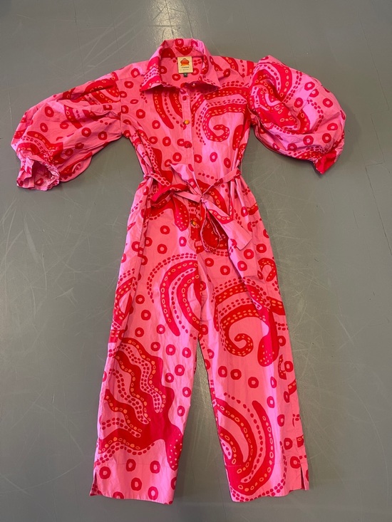 FARM Rio Pants - FARM Rio Hot Pink & Red Abstract Puff-Sleeve Jumpsuit